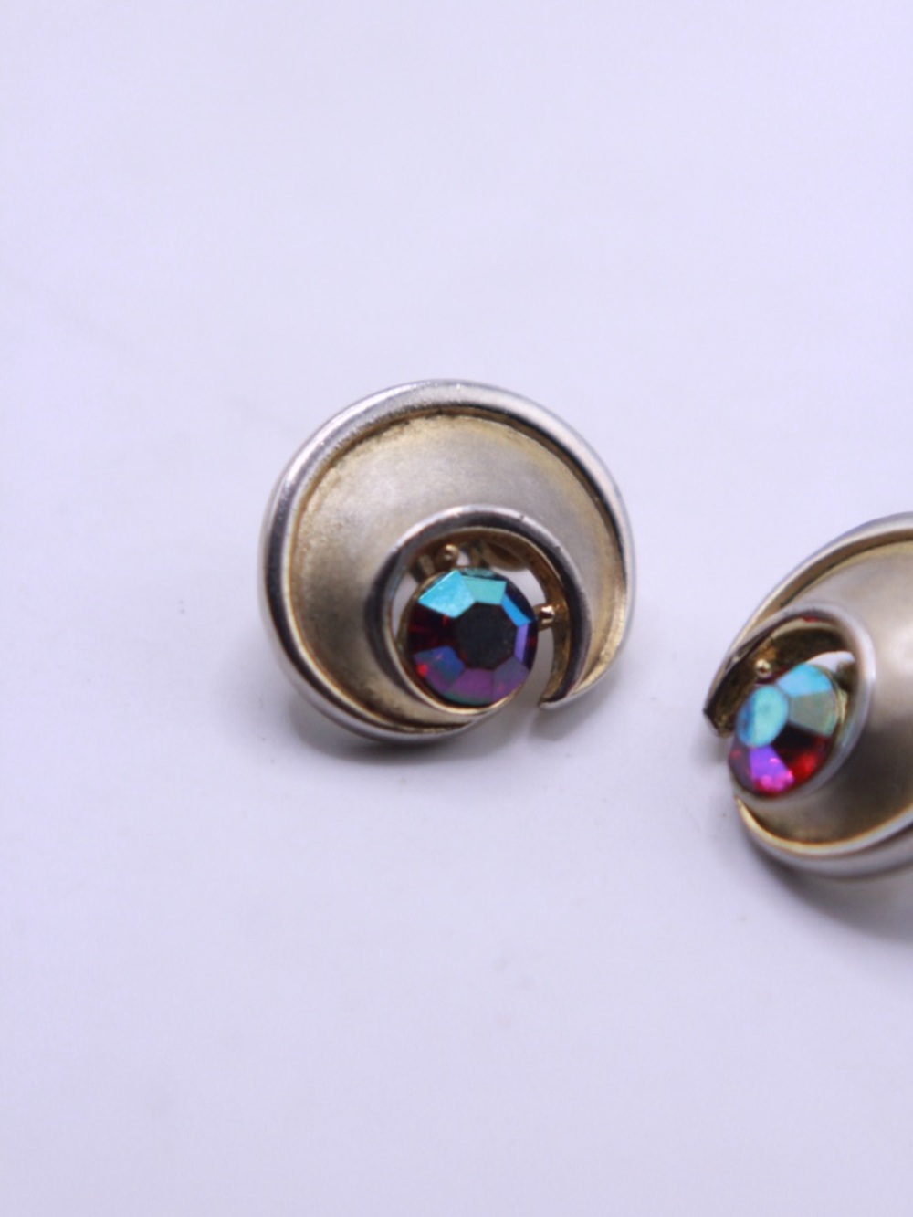 Vintage Trifari Gold-Tone Clip on Studs with Iridescent Aurora Crystals - Picture 2 of 4
